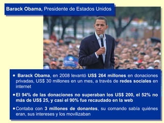 www.ricardoroman.cl <ul><li>Barack Obama , en 2008 levantó  US$ 264 millones  en donaciones privadas, US$ 30 millones en u...