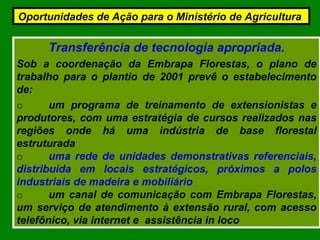 Transferência de tecnologia apropriada.
Sob a coordenação da Embrapa Florestas, o plano de
trabalho para o plantio de 2001 prevê o estabelecimento
de:
o um programa de treinamento de extensionistas e
produtores, com uma estratégia de cursos realizados nas
regiões onde há uma indústria de base florestal
estruturada
o uma rede de unidades demonstrativas referenciais,
distribuida em locais estratégicos, próximos a polos
industriais de madeira e mobiliário
o um canal de comunicação com Embrapa Florestas,
um serviço de atendimento à extensão rural, com acesso
telefônico, via internet e assistência in loco
Oportunidades de Ação para o Ministério de Agricultura
 