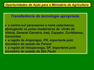 Transferência de tecnologia apropriada.
• o centro-sul paranaense e norte catarinense,
abrangendo os polos madeireiros de União da
Vitória, General Carneiro, Irati, Caçador, Curitibanos,
Canoinhas
• a região de Arapongas, PR, importante polo
moveleiro do estado do Paraná
• a região de Votuporanga, SP, importante polo
moveleiro do estado de São Paulo
Oportunidades de Ação para o Ministério de Agricultura
 