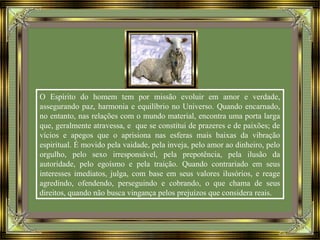 O Espírito do homem tem por missão evoluir em amor e verdade,
assegurando paz, harmonia e equilíbrio no Universo. Quando encarnado,
no entanto, nas relações com o mundo material, encontra uma porta larga
que, geralmente atravessa, e que se constitui de prazeres e de paixões; de
vícios e apegos que o aprisiona nas esferas mais baixas da vibração
espiritual. É movido pela vaidade, pela inveja, pelo amor ao dinheiro, pelo
orgulho, pelo sexo irresponsável, pela prepotência, pela ilusão da
autoridade, pelo egoísmo e pela traição. Quando contrariado em seus
interesses imediatos, julga, com base em seus valores ilusórios, e reage
agredindo, ofendendo, perseguindo e cobrando, o que chama de seus
direitos, quando não busca vingança pelos prejuízos que considera reais.
 