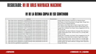 de @mjcachon#SEOPLUS2018 #ELMUSICALSEO
RESULTADO: H1 DE URLS WAYBACK MACHINE
H1 DE LA ÚLTIMA COPIA DE ESE CONTENIDO
 