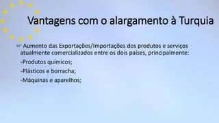 ☞ Aumento das Exportações/Importações dos produtos e serviços
atualmente comercializados entre os dois países, principalmente:
-Produtos químicos;
-Plásticos e borracha;
-Máquinas e aparelhos;
Vantagens com o alargamento à Turquia
 
