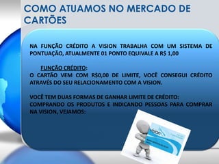 COMO ATUAMOS NO MERCADO DE CARTÕESNA FUNÇÃO CRÉDITO A VISION TRABALHA COM UM SISTEMA DE PONTUAÇÃO, ATUALMENTE 01 PONTO EQUIVALE A R$ 1,00   FUNÇÃO CRÉDITO: O CARTÃO VEM COM R$0,00 DE LIMITE, VOCÊ CONSEGUI CRÉDITO ATRAVÉS DO SEU RELACIONAMENTO COM A VISION. VOCÊ TEM DUAS FORMAS DE GANHAR LIMITE DE CRÉDITO:COMPRANDO OS PRODUTOS E INDICANDO PESSOAS PARA COMPRAR NA VISION, VEJAMOS: