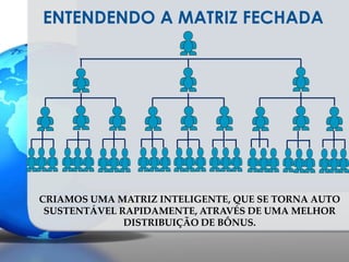 ENTENDENDO A MATRIZ FECHADACRIAMOS UMA MATRIZ INTELIGENTE, QUE SE TORNA AUTO SUSTENTÁVEL RAPIDAMENTE, ATRAVÉS DE UMA MELHOR DISTRIBUIÇÃO DE BÔNUS.