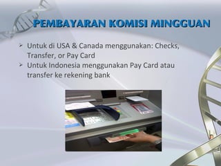  Untuk di USA & Canada menggunakan: Checks,
Transfer, or Pay Card
 Untuk Indonesia menggunakan Pay Card atau
transfer ke rekening bank
PEMBAYARAN KOMISI MINGGUANPEMBAYARAN KOMISI MINGGUAN
 