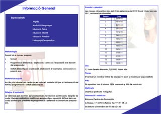 Durada i calendari
                     Informació General
                                                                                     Les classes s’impartiran des del 25 de setembre de 2010 fins al 18 de juny de
                                                                                     2011, en horari de dissabtes.
                                                                                                          Sessió         Data
      Especialitats                                                                                         1          25/09/10
                                 Anglès                                                                     2          16/10/10

                                 Audició I Llenguatge                                                       3          06/11/10

                                 Educació Física                                                            4          20/11/10

                                                                                                            5          11/12/10
                                 Educació infantil
                                                                                                            6          29/01/11
                                 Educació Primària
                                                                                                            7          19/02/11
                                 Pedagogia Terapèutica
                                                                                                            8          05/03/11
                                                                                                            9          19/03/11

                                                                                                            10         09/04/11
Metodologia
                                                                                                            11         07/05/11
Durant tot el curs es prepara:                                                                              12         21/05/11
•     Temari                                                                                                13         04/06/11
•     Programació Didàctica: explicació, correcció i exposició oral davant                                  14         18/06/11
      del preparador.                                                                Lloc
•     Unitats Didàctiques: explicació, elaboració d’exemples, correcció i ex-        C/ Juan Pereira Morante ,7 (07800) Evissa Vila
      posició oral.
                                                                                     Places
                                                                                     S’ha fixat un nombre limitat de places (15 com a màxim per especialitat)
Material de suport
                                                                                     Preu
Accés a la intranet del centre on es troba el material útil per a l’elaboració del
temes, programació i unitats didàctiques.                                            Els opositors han d’abonar 150€ mensuals y 50€ de matrícula.
                                                                                     Matrícula

Sistema d’avaluació                                                                  Oberta a partir del 1 de juliol

La valoració del alumnes es fonamenta en l’avaluació continuada. Després de          Informació i matrícula
cada 5 temes explicats es realitza un examen tipus oposició. Al final del curs
                                                                                     Bárcena Centros de Formación
cada alumne pot presentar la programació i defensar-la davant del prepara-
dor.                                                                                 C/Eivissa, 17 (07011) Palma Tel. 971 91 19 63
                                                                                     De Dilluns a Divendres de 17:00 a 21:00
 