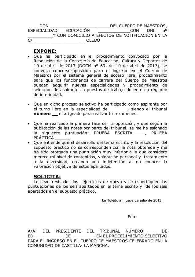 Modelo Reclamacion_nota_1_exam OPOSICIÓN CLM 2013 EF