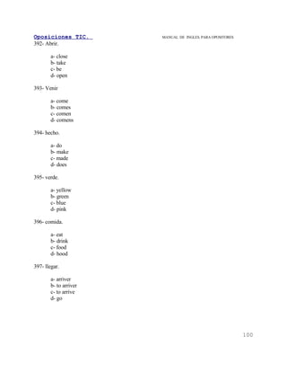 Oposiciones TIC.        MANUAL DE INGLES. PARA OPOSITORES
392- Abrir.

        a- close
        b- take
        c- be
        d- open

393- Venir

        a- come
        b- comes
        c- comen
        d- comens

394- hecho.

        a- do
        b- make
        c- made
        d- does

395- verde.

        a- yellow
        b- green
        c- blue
        d- pink

396- comida.

        a- eat
        b- drink
        c- food
        d- hood

397- llegar.

        a- arriver
        b- to arriver
        c- to arrive
        d- go




                                                            100
 