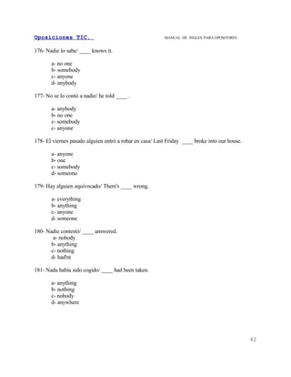 Oposiciones TIC.                                         MANUAL DE INGLES. PARA OPOSITORES


176- Nadie lo sabe/ ____ knows it.

       a- no one
       b- somebody
       c- anyone
       d- anybody

177- No se lo contó a nadie/ he told ____ .

       a- anybody
       b- no one
       c- somebody
       c- anyone

178- El viernes pasado alguien entró a robar en casa/ Last Friday ____ broke into our house.

       a- anyone
       b- one
       c- somebody
       d- someone

179- Hay alguien equivocado/ There's ____ wrong.

       a- everything
       b- anything
       c- anyone
       d- someone

180- Nadie contestó/ ____ answered.
        a- nobody
       b- anything
       c- nothing
       d- had'nt

181- Nada había sido cogido/ ____ had been taken.

       a- anything
       b- nothing
       c- nobody
       d- anywhere




                                                                                               42
 