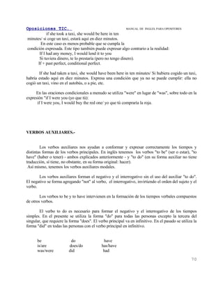 Oposiciones TIC.                                            MANUAL DE INGLES. PARA OPOSITORES
            if she took a taxi, she would be here in ten
minutes/ si coge un taxi, estará aquí en diez minutos.
        En este caso es menos probable que se cumpla la
condición expresada. Este tipo también puede expresar algo contrario a la realidad:
       If I had any money, I would lend it to you
       Si tuviera dinero, te lo prestaría (pero no tengo dinero).
      If + past perfect, conditional perfect.

       If she had taken a taxi, she would have been here in ten minutes/ Si hubiera cogido un taxi,
habría estado aquí en diez minutos. Expresa una condición que ya no se puede cumplir: ella no
cogió un taxi, vino en el autobús, o a pie, etc.

     En las oraciones condicionales a menudo se utiliza "were" en lugar de "was", sobre todo en la
expresión "if I were you (yo que tú):
      if I were you, I would buy the red one/ yo que tú compraría la roja.




VERBOS AUXILIARES.-


        Los verbos auxiliares nos ayudan a conformar y expresar correctamente los tiempos y
distintas formas de los verbos principales. En inglés tenemos los verbos "to be" (ser o estar), "to
have" (haber o tener) - ambos explicados anteriormente - y "to do" (en su forma auxiliar no tiene
traducción, sí tiene, no obstante, en su forma original: hacer).
 Así mismo, tenemos los verbos auxiliares modales.

       Los verbos auxiliares forman el negativo y el interrogativo sin el uso del auxiliar "to do".
El negativo se forma agregando "not" al verbo, el interrogativo, invirtiendo el orden del sujeto y el
verbo.

        Los verbos to be y to have intervienen en la formación de los tiempos verbales compuestos
de otros verbos.

        El verbo to do es necesario para formar el negativo y el interrogativo de los tiempos
simples. En el presente se utiliza la forma "do" para todas las personas excepto la tercera del
singular, que requiere la forma "does". El verbo principal va en infinitivo. En el pasado se utiliza la
forma "did" en todas las personas con el verbo principal en infinitivo.


      be                  do                  have
      is/are             does/do             has/have
      was/were           did                  had
                                                                                                   70
 