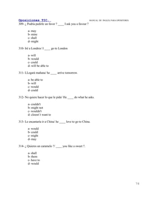 Oposiciones TIC.                                           MANUAL DE   INGLES. PARA OPOSITORES
309- ¿ Podría pedirle un favor ? ____ I ask you a favour ?

       a- may
       b- mine
       c- shall
       d- might

310- Iré a Londres/ I ____ go to London

       a- will
       b- would
       c- could
       d- will be able to

311- LLegará mañana/ he ____ arrive tomorrow.

       a- be able to
       b- will
       c- would
       d- could

312- No quiere hacer lo que le pide/ He ____ do what he asks.

       a- couldn't
       b- might not
       c- wouldn't
       d- cloesri´t want to

313- Le encantaría ir a China/ he ____ love to go to China.

       a- would
       b- could
       c- might
       d- may

314- ¿ Quieres un caramelo ?/ ____ you like a sweet ?.

       a- shall
       b- them
       c- have to
       d- would




                                                                                                 78
 