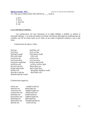 Oposiciones TIC.                                         MANUAL DE   INGLES. PARA OPOSITORES
321- Dijo que no debía tocarlo/ She told him he ____ touch it.

       a- have
       b- has to
       c- must not
       d- can


LAS CONTRACCIONES.-

        Las contracciones son muy frecuentes en el inglés hablado y también se utilizan al
transcribir diálogos y en cartas de carácter no formal. Son formas abreviadas de combinaciones de
vocablos, uno de los cuales suele ser un verbo, en las cuales el apóstrofo sustituye a una o más
letras.

     Contracciones de sujeto y verbo.-


I'm/I am                    she'll/she will
I've/I have                 it's/it is-it has
I'd/I had-I would           it'd/it had-it would
I'll/I will-I shall            it'll/it will
you're/you are              we're/we are
you've/you have             we've/we have
you'd/you would-had         we'd/we had-would
you'll/you will               we'll/we will/we shall
he's/ he is-he has          They're/they are
he'd/he had-would            they've/they have
he'll/he will                  they'd/they had/they would
she's/she is-she has          they'll/they will
she'd/she had-she would


Contracciones negativas.-


isn't/is not           couldn't/could not
aren't/are not       daren't/dare not
wasn't/was not        mightn't/might not
weren't/were not      mustn't/must not
hasn't/has not       needn't/need not
haven't/have not     oughtn't/ought not
hadn't/had not       shan't/shall not
doesn't/does not      shouldn't/should not
don't/do not           won't/will not
                                                                                               80
 