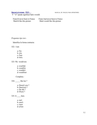Oposiciones TIC.                                         MANUAL DE INGLES. PARA OPOSITORES
Y " 'd " puede significar had o would:

  Franci'd never been to France     Franci had never been to France
  Marti'd like this picture          Marti would like this picture




Preguntas tipo test.-

 Identifica la forma contracta:

322- I am

       a- I'm
       b- a'm
       c- I'am
       d- Im'a

323- We would not.

       a- woul'dnt
       b- would'nt
       c- wouldn't
       d- would'not

     Completa.-

324- _____ like tea ?

       a- Doesn't you ?
       b- Does'you ?
       c- Do she ?
       d- D'you ?

325- It ____ here.

       a- isn't
       b- aren't
       c- isnot
       d- ar'not


                                                                                             82
 