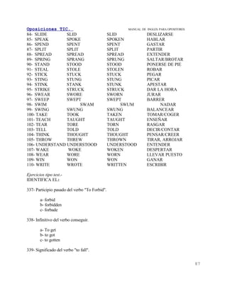 Oposiciones TIC.                                       MANUAL DE INGLES. PARA OPOSITORES
84- SLIDE       SLID                            SLID             DESLIZARSE
85- SPEAK       SPOKE                           SPOKEN           HABLAR
86- SPEND       SPENT                           SPENT            GASTAR
87- SPLIT       SPLIT                           SPLIT            PARTIR
88- SPREAD      SPREAD                          SPREAD           EXTENDER
89- SPRING      SPRANG                          SPRUNG           SALTAR/BROTAR
90- STAND       STOOD                           STOOD            PONERSE DE PIE
91- STEAL       STOLE                           STOLEN           ROBAR
92- STICK       STUCK                           STUCK            PEGAR
93- STING       STUNG                           STUNG            PICAR
94- STINK       STANK                           STUNK            APESTAR
95- STRIKE      STRUCK                          STRUCK           DAR LA HORA
96- SWEAR       SWORE                           SWORN            JURAR
97- SWEEP       SWEPT                           SWEPT            BARRER
98- SWIM              SWAM                            SWUM             NADAR
99- SWING       SWUNG                           SWUNG            BALANCEAR
100- TAKE       TOOK                            TAKEN            TOMAR/COGER
101- TEACH      TAUGHT                          TAUGHT           ENSEÑAR
102- TEAR       TORE                            TORN             RASGAR
103- TELL       TOLD                            TOLD             DECIR/CONTAR
104- THINK      THOUGHT                         THOUGHT          PENSAR/CREER
105- THROW      THREW                           THROWN           TIRAR, ARROJAR
106- UNDERSTAND UNDERSTOOD                      UNDERSTOOD       ENTENDER
107- WAKE        WOKE                           WOKEN            DESPERTAR
108- WEAR       WORE                            WORN             LLEVAR PUESTO
109- WIN        WON                             WON              GANAR
110- WRITE      WROTE                           WRITTEN          ESCRIBIR

Ejercicios tipo test.-
IDENTIFICA EL:

337- Participio pasado del verbo "To Forbid".

        a- forbid
        b- forbidden
        c- forbade

338- Infinitivo del verbo conseguir.

        a- To get
        b- to got
        c- to gotten

339- Significado del verbo "to fall".


                                                                                           87
 