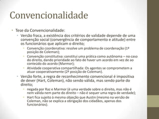 Convencionalidade
• Tese da Convencionalidade:
• Versão fraca, a existência dos critérios de validade depende de uma
convenção social (convergência de comportamento e atitude) entre
os funcionários que aplicam o direito;
• Convenção coordenativa: resolve um problema de coordenação (1ª
posição de Coleman);
• Convenção constitutiva: constitui uma prática como autônoma – no caso
do direito, dando prioridade ao fato de haver um acordo em vez de ao
conteúdo do acordo (Marmor);
• Atividade cooperativa compartilhada: Os agentes se comprometem a
atuar cooperativamente (2ª posição de Coleman).

• Versão forte, a regra de reconhecimento convencional é impositiva
de dever (Hart, Coleman), não sendo válida, mas sendo parte do
direito;
• negada por Raz e Marmor (é uma verdade sobre o direito, mas não é
nem válida nem parte do direito – não é sequer uma regra de verdade);
• Hart fica sujeito à mesma objeção que Austin (mesmo na versão de
Coleman, não se explica a obrigação dos cidadãos, apenas dos
funcionários).

 