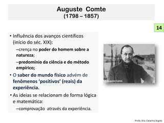 • Influência dos avanços científicos
(início do séc. XIX):
–crença no poder do homem sobre a
natureza;
–predomínio da ciência e do método
empírico;
• O saber do mundo físico advém de
fenômenos ‘positivos’ (reais) da
experiência.
• As ideias se relacionam de forma lógica
e matemática:
–comprovação através da experiência.
Auguste Comte
(1798 – 1857)
14
Profa. Dra. Catarina Argolo
 