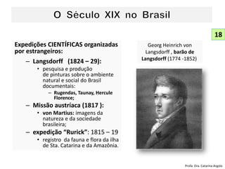 Expedições CIENTÍFICAS organizadas
por estrangeiros:
– Langsdorff (1824 – 29):
• pesquisa e produção
de pinturas sobre o ambiente
natural e social do Brasil
documentais:
– Rugendas, Taunay, Hercule
Florence;
– Missão austríaca (1817 ):
• von Martius: imagens da
natureza e da sociedade
brasileira;
– expedição “Rurick”: 1815 – 19
• registro da fauna e flora da ilha
de Sta. Catarina e da Amazônia.
Georg Heinrich von
Langsdorff , barão de
Langsdorff (1774 -1852)
18
Profa. Dra. Catarina Argolo
 