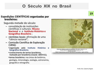 Expedições CIENTÍFICAS organizadas por
brasileiros:
Segunda metade do século:
– consolidação de instituições
científicas e culturais: Museu
Nacional e o Instituto Histórico e
Geográfico Brasileiro ;
– cientistas locais: afirmação de uma
“ciência nacional”;
– Comissão Científica de Exploração
(1856):
•organizada pelo Instituto Histórico e
Geográfico Brasileiro;
•conhecimento de temas brasileiros,
realizado por brasileiros (Ceará: 1859-61);
•temas brasileiros: nas áreas de botânica,
geologia, mineralogia, zoologia, astronomia,
geografia e etnografia.
19
Profa. Dra. Catarina Argolo
 