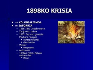 1898KO KRISIA    KOLONIALISMOA    JATORRIA 1868-78ko Cubako gerra Zanjoneko bakea 1895. Bayreko garrasia Martinez Campos ekintza militarrak elkarrizketak Weyler errepresioa Autonomia 1898an Estatu Batuak sartzen dira Maine 