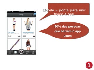 Mobile = ponte para unir
Mobile = ponte para unir
físico e real
físico e real

80% das pessoas
80% das pessoas
que baixam o app
que baixam o app
usam
usam

 