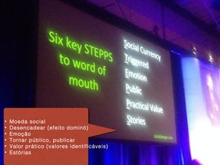 ••
••
••
••
••
••

Moeda social
Moeda social
Desencadear (efeito dominó)
Desencadear (efeito dominó)
Emoção
Emoção
Tornar público, publicar
Tornar público, publicar
Valor prático (valores identificáveis)
Valor prático (valores identificáveis)
Estórias
Estórias

 