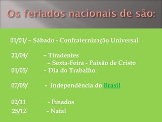 01/01/ – Sábado - Confraternização Universal 21/04/  – Tiradentes   – Sexta-Feira - Paixão de Cristo  01/05/  – Dia do Trabalho 07/09/  -  Independência do  Brasil 02/11  - Finados 25/12  - Natal 