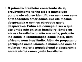 • O primeiro brasileiro consciente de si, 
provavelmente tenha sido o mameluco 
porque ele não se identificava nem com seus 
antecedentes americanos que ele mesmo 
desprezava e nem os europeus que o 
desprezava. Então ele começa a ser o que 
ate então não existia: brasileiro. Então ou 
ele era brasileiro ou não era nada, pois não 
lhe cabia a identificação como índio, nem 
africano nem brasilindio. Além de propagar o 
português como idioma, o mameluco com os 
mulatos - maioria populacional e passaram a 
serem vistos como gente brasileira. 
 