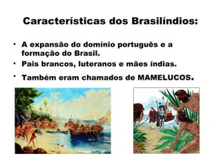 Características dos Brasilíndios: 
• A expansão do domínio português e a 
formação do Brasil. 
• Pais brancos, luteranos e mães índias. 
• Também eram chamados de MAMELUCOS. 
 