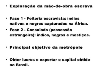 • Exploração da mão-de-obra escrava 
• Fase 1 - Feitoria escravista: índios 
nativos e negros capturados na África. 
• Fase 2 - Consulado (possessão 
estrangeira): índios, negros e mestiços. 
• Principal objetivo da metrópole 
• Obter lucros e exportar o capital obtido 
no Brasil. 
 
