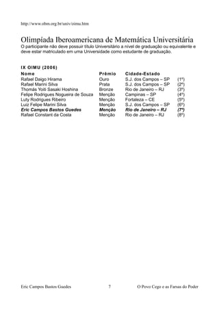 http://www.obm.org.br/univ/oimu.htm
Olimpíada Iberoamericana de Matemática Universitária
O participante não deve possuir título Universitário a nível de graduação ou equivalente e
deve estar matriculado em uma Universidade como estudante de graduação.
IX OIMU (2006)
Nome Prêmio Cidade-Estado
Rafael Daigo Hirama Ouro S.J. dos Campos – SP (1º)
Rafael Marini Silva Prata S.J. dos Campos – SP (2º)
Thomás Yoiti Sasaki Hoshina Bronze Rio de Janeiro – RJ (3º)
Felipe Rodrigues Nogueira de Souza Menção Campinas – SP (4º)
Luty Rodrigues Ribeiro Menção Fortaleza – CE (5º)
Luiz Felipe Marini Silva Menção S.J. dos Campos – SP (6º)
Eric Campos Bastos Guedes Menção Rio de Janeiro – RJ (7º)
Rafael Constant da Costa Menção Rio de Janeiro – RJ (8º)
Eric Campos Bastos Guedes 7 O Povo Cego e as Farsas do Poder
 