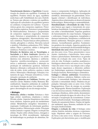 10
Transformação Química e Equilíbrio: Caracte-
rização do sistema em equilíbrio. Constante de
equilíbrio. Produto iônico da água, equilíbrio
ácido-base e pH. Solubilidade dos sais e hidróli-
se. Fatores que alteram o sistema em equilíbrio.
Aplicação da velocidade e do equilíbrio químico
no cotidiano. Compostos de Carbono - Caracte-
rísticas gerais dos compostos orgânicos. Princi-
pais funções orgânicas. Estrutura e propriedades
de Hidrocarbonetos. Estrutura e propriedades
de compostos orgânicos oxigenados. Fermen-
tação. Estrutura e propriedades de compostos
orgânicos nitrogenados. Macromoléculas natu-
rais e sintéticas. Noções básicas sobre polímeros.
Amido, glicogênio e celulose. Borracha natural
e sintética. Polietileno, poliestireno, PVC, Teﬂon,
náilon. Óleos e gorduras, sabões e detergentes
sintéticos. Proteínas e enzimas.
Relações da Química com as Tecnologias, a
Sociedade e o Meio Ambiente: Química no
cotidiano. Química na agricultura e na saúde.
Química nos alimentos. Química e ambiente.
Aspectos cientíﬁco-tecnológicos, socioeconô-
micos e ambientais associados à obtenção ou
produção de substâncias químicas. Indústria
Química: obtenção e utilização do cloro, hidró-
xido de sódio, ácido sulfúrico, amônia e ácido
nítrico. Mineração e Metalurgia. Poluição e tra-
tamento de água. Poluição atmosférica. Conta-
minação e proteção do ambiente.
Energias Químicas no Cotidiano: Petróleo, gás
natural e carvão. Madeira e hulha. Biomassa. Bio-
combustíveis. Impactos ambientais de combustí-
veis fosseis. Energia nuclear. Lixo atômico. Vanta-
gens e desvantagens do uso de energia nuclear.
• Biologia
Moléculas, células e tecidos: Estrutura e ﬁsio-
logia celular: membrana, citoplasma e núcleo.
Divisão celular. Aspectos bioquímicos das estru-
turas celulares. Aspectos gerais do metabolismo
celular. Metabolismo energético: fotossíntese e
respiração. Codiﬁcação da informação genética.
Síntese protéica. Diferenciação celular. Principais
tecidos animais e vegetais. Origem e evolução das
células. Noções sobre células-tronco, clonagem e
tecnologia do DNA recombinante. Aplicações
de biotecnologia na produção de alimentos, fár-
macos e componentes biológicos. Aplicações de
tecnologias relacionadas ao DNA a investigações
cientíﬁcas, determinação da paternidade, inves-
tigação criminal e identiﬁcação de indivíduos.
Aspectos éticos relacionados ao desenvolvimento
biotecnológico. Biotecnologia e sustentabilidade.
Hereditariedade e diversidade da vida: Princí-
pios básicos que regem a transmissão de carac-
terísticas hereditárias. Concepções pré-mendelia-
nas sobre a hereditariedade. Aspectos genéticos
do funcionamento do corpo humano. Antígenos
e anticorpos. Grupos sanguíneos, transplantes e
doenças autoimunes. Neoplasias e a inﬂuência de
fatores ambientais. Mutações gênicas e cromos-
sômicas. Aconselhamento genético. Fundamen-
tos genéticos da evolução. Aspectos genéticos da
formação e manutenção da diversidade biológica.
Identidade dos seres vivos: Níveis de organiza-
ção dos seres vivos. Vírus, procariontes e euca-
riontes. Autótrofos e heterótrofos. Seres unice-
lulares e pluricelulares. Sistemática e as grandes
linhas da evolução dos seres vivos. Tipos de
ciclo de vida. Evolução e padrões anatômicos e
ﬁsiológicos observados nos seres vivos. Funções
vitais dos seres vivos e sua relação com a adap-
tação desses organismos a diferentes ambien-
tes. Embriologia, anatomia e ﬁsiologia humana.
Evolução humana. Biotecnologia e sistemática.
Ecologia e ciências ambientais: Ecossistemas.
Fatores bióticos e abióticos. Habitat e nicho eco-
lógico. A comunidade biológica: teia alimentar,
sucessão e comunidade clímax. Dinâmica de po-
pulações. Interações entre os seres vivos. Ciclos
biogeoquímicos. Fluxo de energia no ecossiste-
ma. Biogeograﬁa. Biomas brasileiros. Exploração
e uso de recursos naturais. Problemas ambientais:
mudanças climáticas, efeito estufa; desmatamen-
to; erosão; poluição da água, do solo e do ar. Con-
servação e recuperação de ecossistemas. Conser-
vação da biodiversidade. Tecnologias ambientais.
Noções de saneamento básico. Noções de legisla-
ção ambiental: água, ﬂorestas, unidades de con-
servação; biodiversidade.
Origem e evolução da vida: A biologia como
ciência: história, métodos, técnicas e experimen-
tação. Hipóteses sobre a origem do Universo,
da Terra e dos seres vivos. Teorias de evolução.
Explicações pré-darwinistas para a modiﬁcação
 