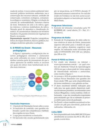 12
mada de ozônio. A nova ordem ambiental inter-
nacional; políticas territoriais ambientais; uso e
conservação dos recursos naturais, unidades de
conservação, corredores ecológicos, zoneamen-
to ecológico e econômico. Origem e evolução do
conceito de sustentabilidade. Estrutura interna
da terra. Estruturas do solo e do relevo; agen-
tes internos e externos modeladores do relevo.
Situação geral da atmosfera e classiﬁcação cli-
mática. As características climáticas do território
brasileiro. Os grandes domínios da vegetação no
Brasil e no mundo.
Representação espacial: Projeções cartográﬁcas;
leitura de mapas temáticos, físicos e políticos; tec-
nologias modernas aplicadas à cartograﬁa.
6. O POVO no Enem - Recursos
pedagógicos
A ﬁgura 1 apresenta a conﬁguração dos re-
cursos pedagógicos síncronos e assíncronos
que serão utilizados no curso. A utilização de
mídias variadas parte do pressuposto de que o
aluno aproveita da melhor forma os recursos
aos quais ele estiver mais familiarizado ou te-
nha mais interesse.
Fascículos Impressos
• 1 fascículo de Orientações Gerais sobre o curso.
• 16 fascículos de conteúdo, com questões ela-
boradas a partir das competências e habilida-
des exigidas no novo Enem.
• 1 capa para encadernar os fascículos.
• Os fascículos irão circular gratuitamente sem-
pre às terças-feiras, no O POVO, durante 17
(dezessete) semanas consecutivas. Se você não
reside em Fortaleza ou não tem acesso ao jor-
nal poderá adquirir os fascículos por meio de
Mala Direta.
Programas Televisivos
• Emissão de teleaulas veiculadas pela TV
O POVO (48 - canal aberto, 23 – Net, 11 –
TV Show).
Programas de Rádio
• Emissão de 16 programas de rádio sobre te-
mas relativos as áreas do Enem, destacando
aspectos relevantes para o modelo de ques-
tão que explora domínios cognitivos mais
amplos. As radioaulas serão veiculadas pela
rádio O POVO/CBN 1010 AM aos sábados,
das 10h às 11h.
Portal O POVO no Enem
• Foi criado um domínio na internet –
www.opovonoenem.com.br – no qual exis-
tirá um Ambiente Virtual de Aprendizagem
(AVA) em que o aluno pode ter várias opções
de interatividade síncronas e assíncronas,
como mostra a ﬁgura 1.
• Ao acessar o AVA ele poderá dirimir dúvidas,
realizar Provas Simuladas com questões dos
Enem desde 1998, que serão disponibilizadas
de forma randômica e com gabarito on-line.
• O aluno encontrará também indicações para
cada área, nas quais estarão disponíveis maté-
rias de interesse prioritário, recomendadas como
Leitura Obrigatória, e outras matérias e links re-
lacionados e que são considerados importantes
para estudantes que vão se submeter ao proces-
so seletivo para cursos de graduação.
• No Portal, o aluno também encontrará os fas-
cículos em pdf para download, podcast das
radioaulas, vídeoaulas, etc.
Linha 0800
• Será disponibilizada linha 0800 280 2210 para
atendimento ao cursista das 8h às 18h, de se-
gunda a sexta-feira.
Figura 1: Estrutura pedagógica disponibilizada para alunos
1. Provas simuladas do Enem.
2. Banco de Questões dos Enem para
provas randômicas e online
3. Textos e informações
complmentares sobre o Enem
4. Dicas de como fazer a prova
5. Orientações sobre ProUni
6. Orientações sobre o Sisu
7. Matériais sobre o Enem
 