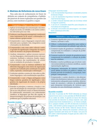 5
4. Matrizes de Referência do novo Enem
Para cada área de conhecimento do Enem foi
deﬁnida um conjunto de competências e habilida-
des passíveis de serem exploradas nas questões das
provas, como mostram os quadros a seguir.
Linguagens, Códigos e suas Tecnologias
1. Aplicar as tecnologias da comunicação e da infor-
mação na escola, no trabalho e em outros contex-
tos relevantes para sua vida.
2.Conhecereusarlíngua(s)estrangeira(s) moderna(s)
como instrumento (s) de acesso a informações e a
outras culturas e grupos sociais.
3. Compreender e usar a linguagem corporal como
relevante para a própria vida, integradora social
e formadora da identidade.
4. Compreender a arte como saber cultural e estéti-
co gerador de signiﬁcação e integrador da organi-
zação do mundo e da própria identidade.
5. Analisar, interpretar e aplicar recursos expressi-
vos das linguagens, relacionando textos com seus
contextos, mediante a natureza, função, organi-
zação, estrutura das manifestações, de acordo
com as condições de produção e recepção.
6. Compreender e usar os sistemas simbólicos das
diferentes linguagens como meios de organização
cognitiva da realidade pela constituição de signiﬁ-
cados, expressão, comunicação e informação.
7. Confrontar opiniões e pontos de vista sobre as dife-
rentes linguagens e suas manifestações especíﬁcas.
8. Compreender e usar a língua portuguesa como
língua materna, geradora de signiﬁcação e inte-
gradora da organização do mundo e da própria
identidade.
9. Entender os princípios, a natureza, a função e o im-
pacto das tecnologias da comunicação e da informa-
ção na sua vida pessoal e social, no desenvolvimento
do conhecimento, associando-o aos conhecimentos
cientíﬁcos, às linguagens que lhes dão suporte, às
demais tecnologias, aos processos de produção e aos
problemas que se propõem solucionar.
Questão modelo
(BROWNE, C. Hagar, o horrível. Jornal O GLOBO, Segundo Cader-
no. 20 fev. 2009).
A linguagem da tirinha revela:
a) o uso de expressões linguísticas e vocabulário próprios
de épocas antigas.
b) o uso de expressões linguísticas inseridas no registro
mais formal da língua.
c) o caráter coloquial expresso pelo uso do tempo verbal
no segundo quadrinho.
d) o uso de um vocabulário especíﬁco para situações co-
municativas de emergência.
e) a intenção comunicativa dos personagens: a de estabe-
lecer a hierarquia entre eles.
Resposta C
Matemática e suas Tecnologias
1. Construir signiﬁcados para os números naturais,
inteiros, racionais e reais.
2. Utilizar o conhecimento geométrico para realizar a
leituraearepresentaçãodarealidadeeagirsobreela.
3. Construir noções de grandezas e medidas para a
compreensão da realidade e a solução de proble-
mas do cotidiano.
4. Construir noções de variação de grandezas para a
compreensão da realidade e a solução de proble-
mas do cotidiano.
5. Modelar e resolver problemas que envolvem variá-
veis socioeconômicas ou técnico-cientíﬁcas, usando
representações algébricas.
6. Interpretar informações de natureza cientíﬁca e
social obtidas da leitura de gráﬁcos e tabelas, rea-
lizando previsão de tendência, extrapolação, inter-
polação e interpretação.
7. Compreender o caráter aleatório e não-determi-
nístico dos fenômenos naturais e sociais e utilizar
instrumentos adequados para medidas, determi-
nação de amostras e cálculos de probabilidade
para interpretar informações de variáveis apre-
sentadas em uma distribuição estatística.
Questão modelo
João deve 12 parcelas de R$ 150,00 referentes ao cheque
especial de seu banco e cinco parcelas de R$ 80,00 referen-
tes ao cartão de crédito. O gerente do banco lhe ofereceu
duas parcelas de desconto no cheque especial, caso João
quitasse esta dívida imediatamente ou, na mesma condição,
isto é, quitação imediata, com 25% de desconto na dívida do
cartão. João também poderia renegociar suas dívidas em 18
parcelas mensais de R$ 125,00. Sabendo desses termos,
José, amigo de João, ofereceu-lhe emprestar o dinheiro que
julgasse necessário pelo tempo de 18 meses, com juros de
25% sobre o total emprestado. A opção que dá a João o me-
nor gasto seria:
 