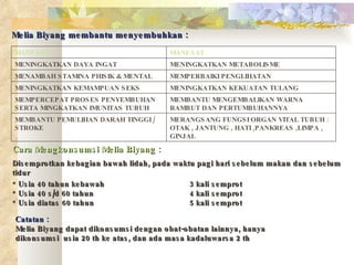 Melia Biyang membantu menyembuhkan : Cara Mengkonsumsi Melia Biyang : Disemprotkan kebagian bawah lidah, pada waktu pagi hari sebelum makan dan sebelum tidur Usia 40 tahun kebawah  3 kali semprot Usia 40 s/d 60 tahun 4 kali semprot Usia diatas 60 tahun 5 kali semprot Catatan : Melia Biyang dapat dikonsumsi dengan obat-obatan lainnya, hanya dikonsumsi  usia 20 th ke atas, dan ada masa kadaluwarsa 2 th MERANGSANG FUNGSI ORGAN VITAL TUBUH : OTAK , JANTUNG , HATI ,PANKREAS ,LIMPA , GINJAL MEMBANTU PEMULIHAN DARAH TINGGI / STROKE MEMBANTU MENGEMBALIKAN WARNA RAMBUT DAN PERTUMBUHANNYA MEMPERCEPAT PROSES PENYEMBUHAN SERTA MINGKATKAN IMUNITAS TUBUH MENINGKATKAN KEKUATAN TULANG MENINGKATKAN KEMAMPUAN SEKS MEMPERBAIKI PENGLIHATAN MENAMBAH STAMINA PHISIK & MENTAL MENINGKATKAN METABOLISME MENINGKATKAN DAYA INGAT MANFAAT MANFAAT 