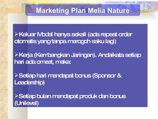 Keluar Modal hanya sekali (ada repeat order otomatis yang tanpa merogoh saku lagi) Kerja (Kembangkan Jaringan). Andaikata setiap hari ada omzet, maka: Setiap hari mendapat bonus (Sponsor & Leadership) Setiap bulan mendapat produk dan bonus (Unilevel) Marketing Plan Melia Nature 