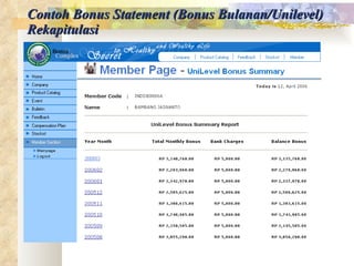 Contoh Bonus Statement (Bonus Bulanan/Unilevel) Rekapitulasi 
