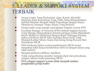 5. LEADER & SUPPORT SYSTEM TERBAIK Group Leader Yang Profesional, Jujur, Komit, Memiliki Integritas Serta Kecerdasan Yang Tidak Akan Mengorbankan Seluruh Member Menjadi Objek Perusahaan Dengan Hanya Memotivasi Jaringan Tanpa Alasan Yang Realistis Group leader yang mampu menciptakan Support system ESN Excellent Strategy of Network (ESN) Sebuah Support System Yang Mampu Mencerdaskan Seluruh Jaringan Untuk Memahami Bisnis Multilevel Marketing Dengan Benar Sehingga Peluang Sukses Di Bisnis MLM Akan Semakin Besar Serta Tidak Menjadi Korban Money Game Dan Iming Iming Reward Dari Perusahaan MLM ESN terobosan dalam system pembelajaran MLM secara transparan tidak hanya memberikan motivasi dengan alasan yang tidak realistis Menjadi platform edifikasi, duplikasi Tidak mengorbankan member menjadi objek dari perusahaan, maupun oknum leader/petualang MLM ESN sebagai support system tidak menjadi sumber penghasilan group leader 