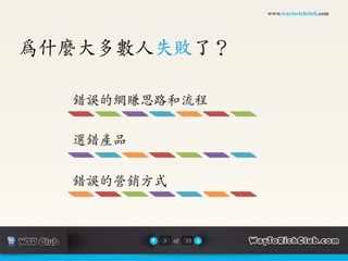 www.waytorichclub.com為什麼大多數人失敗了？錯誤的網賺思路和流程選錯產品錯誤的營銷方式3of23