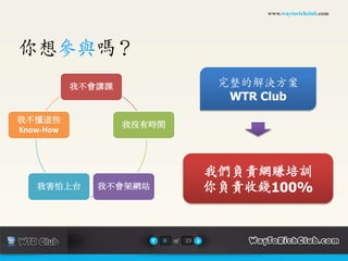 www.waytorichclub.com你想參與嗎？完整的解決方案WTR Club我們負責網賺培訓你負責收錢100%8of23