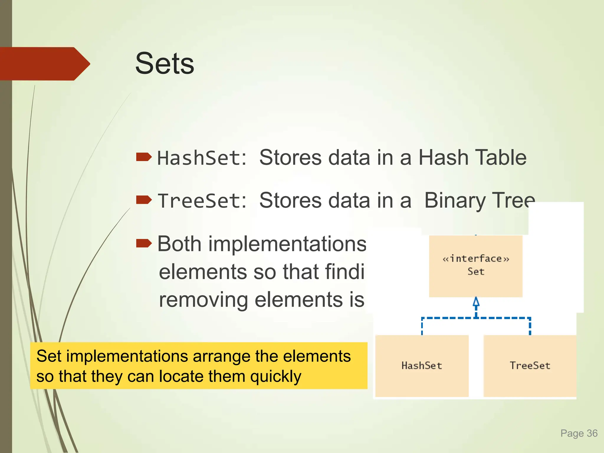 Sets
HashSet: Stores data in a Hash Table
TreeSet: Stores data in a Binary Tree
Both implementations arrange the set
elements so that finding, adding, and
removing elements is efficient
Page 36
Set implementations arrange the elements
so that they can locate them quickly
 