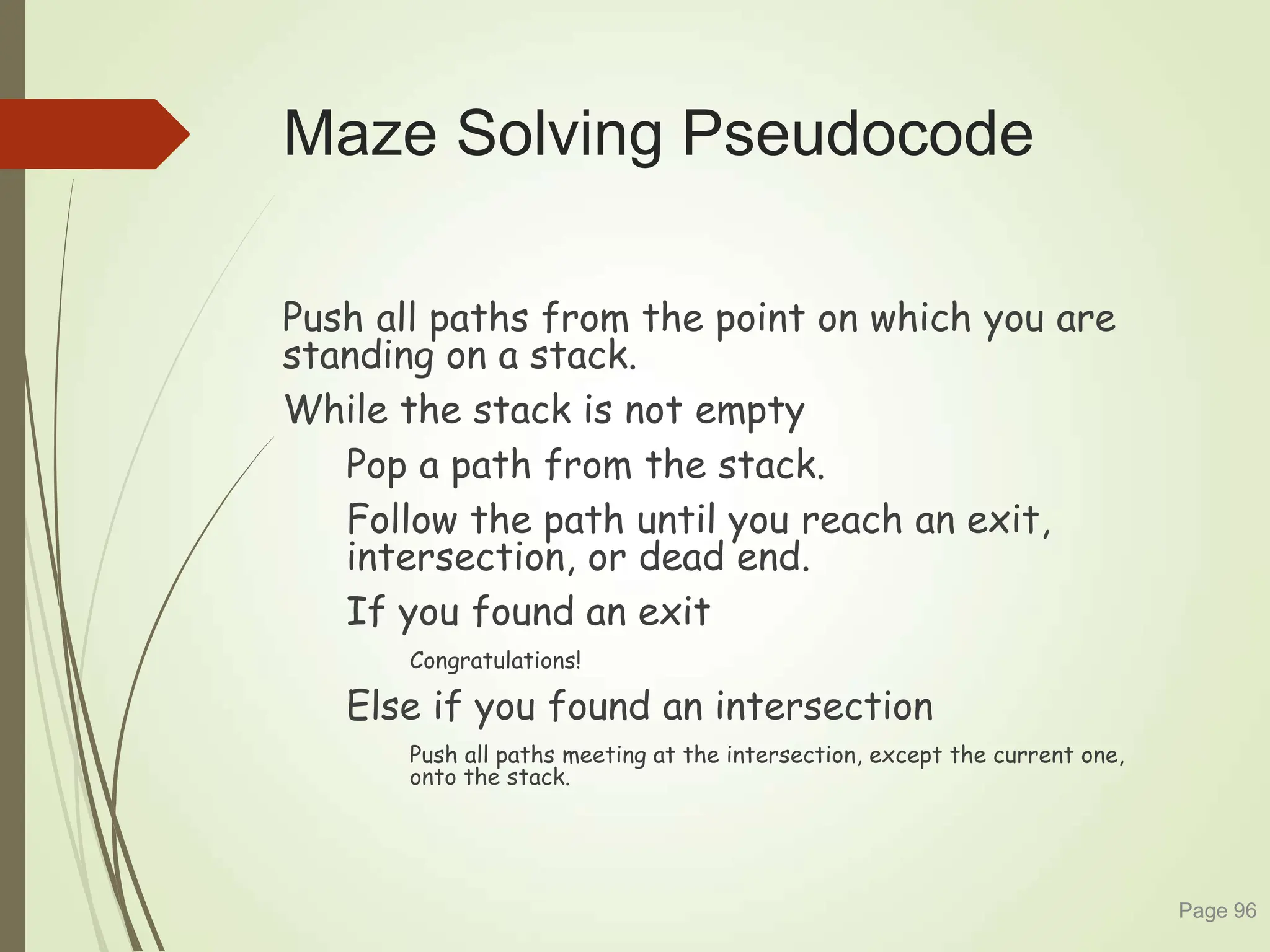 Maze Solving Pseudocode
Push all paths from the point on which you are
standing on a stack.
While the stack is not empty
Pop a path from the stack.
Follow the path until you reach an exit,
intersection, or dead end.
If you found an exit
Congratulations!
Else if you found an intersection
Push all paths meeting at the intersection, except the current one,
onto the stack.
Page 96
 