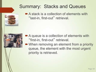 Summary: Stacks and Queues
A stack is a collection of elements with
“last-in, first-out” retrieval.
A queue is a collection of elements with
“first-in, first-out” retrieval.
When removing an element from a priority
queue, the element with the most urgent
priority is retrieved.
Page 101
 
