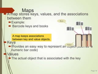 Maps
A map stores keys, values, and the associations
between them
Example:
 Barcode keys and books
Keys
Provides an easy way to represent an object (such as a
numeric bar code)
Values
The actual object that is associated with the key
Page 19
A map keeps associations
between key and value objects.
 