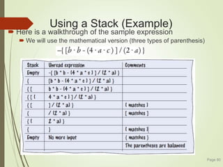 Using a Stack (Example)
 Here is a walkthrough of the sample expression
 We will use the mathematical version (three types of parenthesis)
Page 80
 