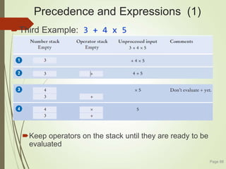Precedence and Expressions (1)
Third Example: 3 + 4 x 5
Keep operators on the stack until they are ready to be
evaluated
Page 88
 
