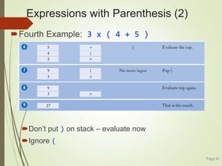 Expressions with Parenthesis (2)
Fourth Example: 3 x ( 4 + 5 )
Don’t put ) on stack – evaluate now
Ignore (
Page 91
 