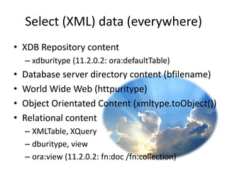 Wow, so what to choose…?PerformanceC based or Java based solutionsDeprecated in the near FutureFollow the general XML standardEngine enhancementsXPath V2 (XMLTable, XMLQuery)Binary XML supportLet Oracle do the Work“Am ”||” i “||” stupid?”,CLOB instead of XMLType