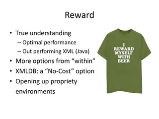 SQL> select x.object_value.getClobVal() from test x;X.OBJECT_VALUE.GETCLOBVAL()--------------------------------------------<?xml version="1.0" encoding="UTF-8"?><FOO/>SQL> exitC:\TEMP>set NLS_LANG=AMERICAN_AMERICA.AL32UTF8C:\TEMP>sqlplusscott/tigerSQL> select *  from test;SYS_NC_ROWINFO$--------------------------------------------<?xml version="1.0" encoding="UTF-8"?><FOO/>NLS FAQ (2)