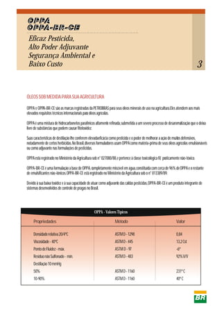 ÓLEOS SOB MEDIDA PARA SUA AGRICULTURA
OPPA e OPPA-BR-CE são as marcas registradas da PETROBRAS para seus óleos minerais de uso na agricultura.Eles atendem aos mais
elevados requisitos técnicos internacionais para óleos agrícolas.
OPPAé uma mistura de hidrocarbonetos parafínicos altamente refinada,submetida a um severo processo de desaromatização que o deixa
livre de substâncias que podem causar fitotoxidez.
Suas características de destilação lhe conferem elevadaeficácia como pesticida e o poder de melhorar a ação de muitos defensivos,
notadamente de certos herbicidas.No Brasil,diversos formuladores usamOPPAcomo matéria-prima de seus óleos agrícolas emulsionáveis
ou como adjuvante nas formulações de pesticidas.
OPPAestá registrado no Ministério da Agricultura sob n° 027080/88,e pertence à classe toxicológica IV, praticamente não-tóxico.
OPPA-BR-CEé uma formulação a base de OPPA, completamente miscível em água,constituída com cerca de 96% deOPPAe o restante
de emulsificantes não-iônicos.OPPA-BR-CE está registrado no Ministério da Agricultura sob o n° 013389/89.
Devido à sua baixa toxidez e à sua capacidade de atuar como adjuvante das caldas pesticidas,OPPA-BR-CEé um produto integrante de
sistemas desenvolvidos de controle de pragas no Brasil.
Propriedades Método Valor
Densidaderelativa20/4ºC
Viscosidade-40ºC
PontodeFluidez-máx.
ResíduonãoSulfonado- mín.
Destilação10mmHg
50%
10-90%
ASTMD-1298
ASTMD-445
ASTMD-97
ASTMD-483
ASTMD-1160
ASTMD-1160
0,84
13,2Cst
-6º
92%V/V
231ºC
40ºC
Eficaz Pesticida,
Alto Poder Adjuvante
Segurança Ambiental e
Baixo Custo
OPPA
OPPA-BR-CE
OPPA - Valores Típicos
3
 