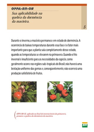 OPPA-BR-CE, aplicado no final do inverno/início da primavera,
promove a quebra-da-dormência da macieira.
Durante o inverno,a macieira permanece em estado de dormência.A
ocorrência de baixas temperaturas durante essa fase é o fator mais
importante para que a planta saia completamente desse estado,
quando as temperaturas se elevarem na primavera.Quando o frio
invernal é insuficiente para as necessidades da espécie,como
geralmente ocorre nas regiões sub-tropicais do Brasil,não haverá uma
brotação uniforme das gemas e,conseqüentemente,não ocorrerá uma
produção satisfatória de frutos.
Sua aplicabilidade na
quebra da dormência
da macieira.
OPPA-BR-CE
5
 